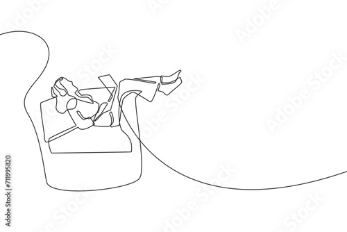 woman relaxing listening to music.relaxing on holiday,listening to music and sitting on the sofa.continuous lines vector