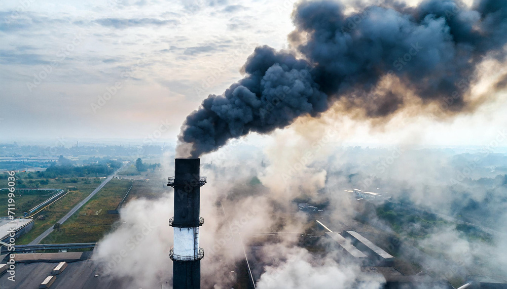 industrial scene with black smoke billowing from factory chimney, symbolizing environmental harm, global warming, and air pollution crisis. - obrazy, fototapety, plakaty 