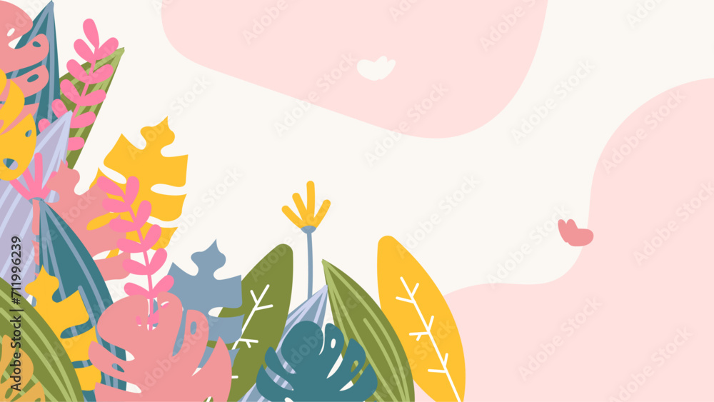 Colorful colourful vector floral hello spring concept background. Vector summer background with vegetation, flower, and leaf for poster, banner, and presentation