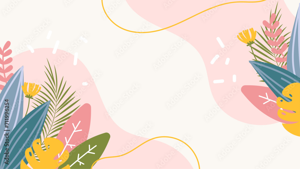 Colorful colourful vector illustration spring background with flowers and leaves. Vector summer background with vegetation, flower, and leaf for poster, banner, and presentation - obrazy, fototapety, plakaty 