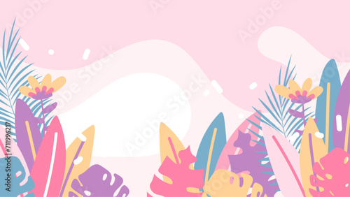 Colorful colourful vector beautiful spring background with hand drawn flowers and leaves. Vector summer background with vegetation, flower, and leaf for poster, banner, and presentation