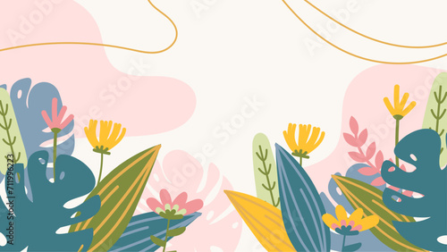 Colorful colourful vector flat floral spring background with leaves and flower. Vector summer background with vegetation, flower, and leaf for poster, banner, and presentation
