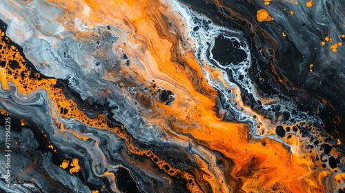 Abstract art with a dynamic mix of orange and black marbled inks, evoking a volcanic eruption.