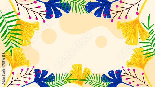 Colorful colourful vector flat floral spring background with leaves and flower. Vector summer background with vegetation, flower, and leaf for poster, banner, and presentation