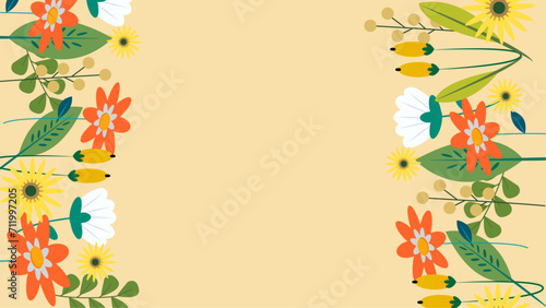 Colorful colourful vector illustrated floral spring background with flowers and leaves. Vector summer background with vegetation, flower, and leaf for poster, banner