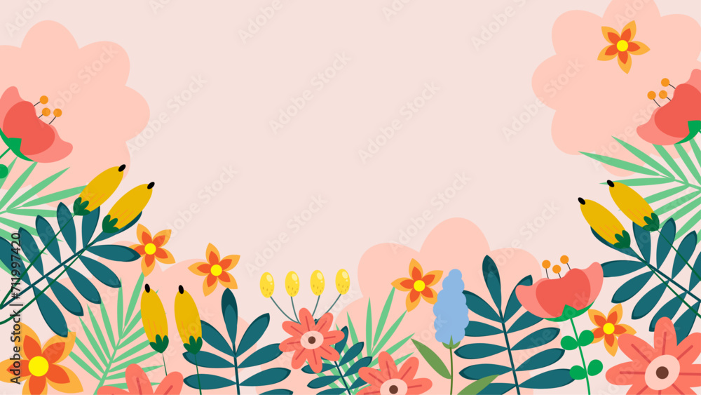 Fototapeta premium Colorful colourful vector floral hello spring concept background. Vector summer background with vegetation, flower, and leaf for poster, banner
