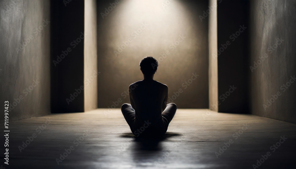 Solitary figure sits in shadow, embodying the silent struggle of mental health, conveying the weight of depression, anxiety, and bipolar disorder Solitary figure sits in shadow, embodying the silent struggle of mental health, conveying the weight of depression, anxiety, and bipolar disorder