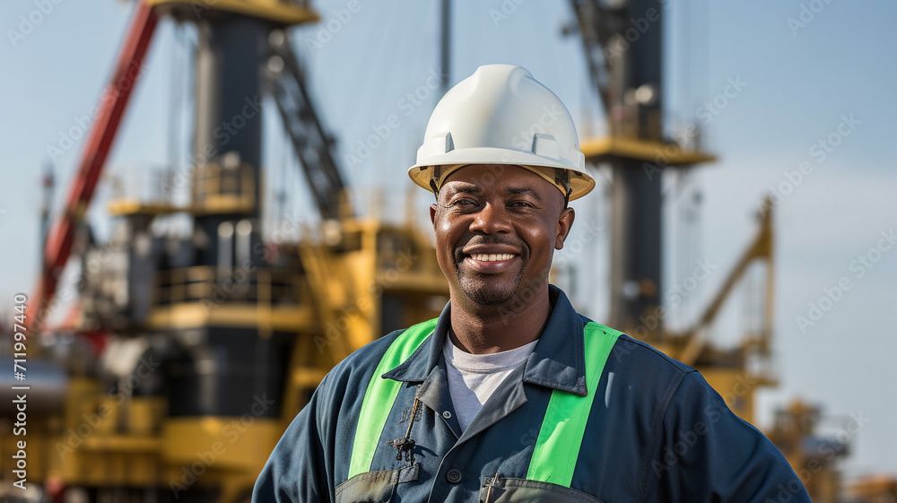 Smiling oil worker in front of rig. Smiling oil worker in front of rig.