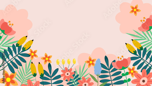 Colorful colourful vector floral hello spring concept background. Vector summer background with vegetation, flower, and leaf for poster, banner
