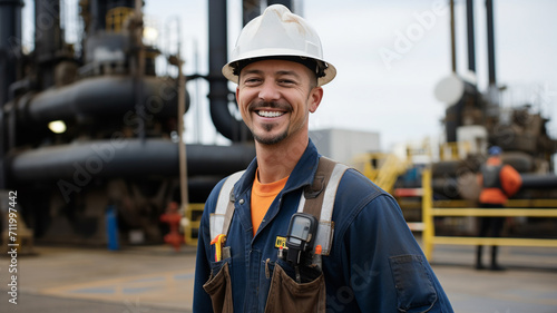 Smiling oil worker in front of rig.