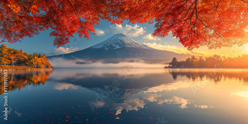 Colorful Autumn Season and Mountain Fuji, morning fog and red leaves at lake Kawaguchiko. photo