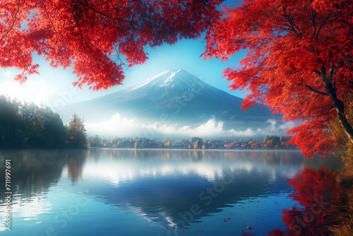Colorful Autumn Season and Mountain Fuji  morning fog and red leaves at lake Kawaguchiko.