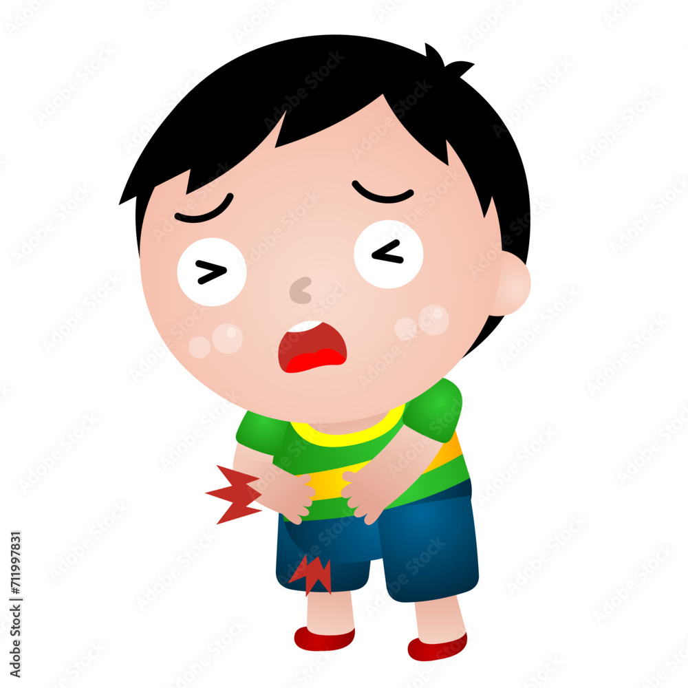 Illustration of a boy in various poses: sick, sick, stomach ache, runny nose Illustration of a boy in various poses: sick, sick, stomach ache, runny nose