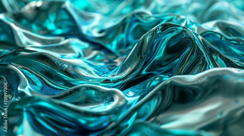 Abstract fluid 3D render holographic iridescent neon curved wave in motion turquoise background. Gradient design element for banners, backgrounds, wallpapers, and covers. photo
