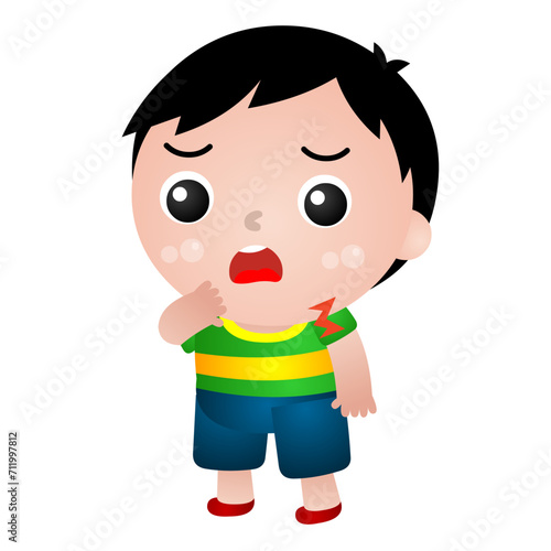 Illustration of a boy in various poses: sick, sick, stomach ache, runny nose