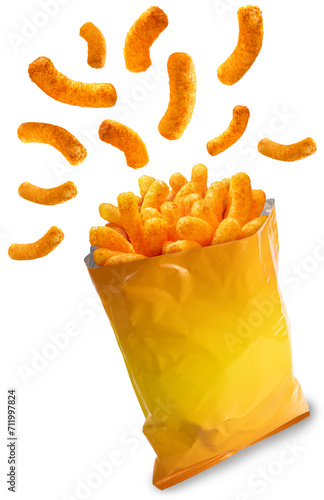 Puffed corn snacks cheesy chips fly out of plastic snack bags isolated on white background, Puff corn or Corn puffs cheese flavor on white, With clipping path.