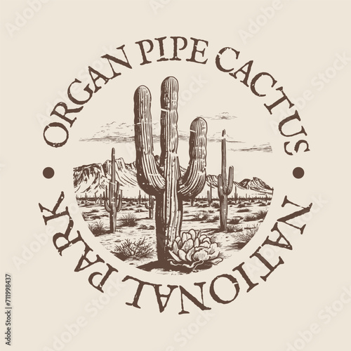Organ Pipe Cactus, Arizona Illustration Clip Art Design Shape. National Park Vintage Icon Vector Stamp.