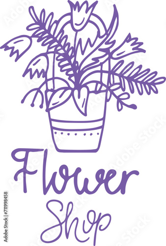Potted plants and flowers in line art style with text Flower Shop . Botanical drawing for logo or sign vector illustration. Gardening and floral shop theme. photo