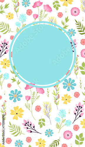 Floral border with various flowers and leaves around a blue circle. Spring or...