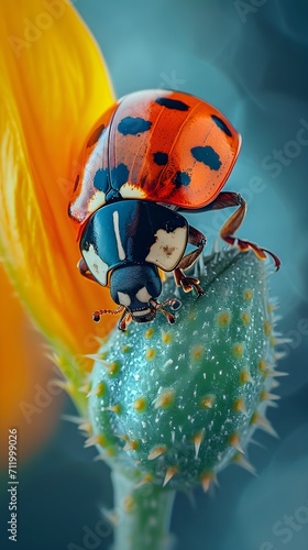 Get an up-close view of a ladybug, showcasing its vibrant colors, background image, generative AI