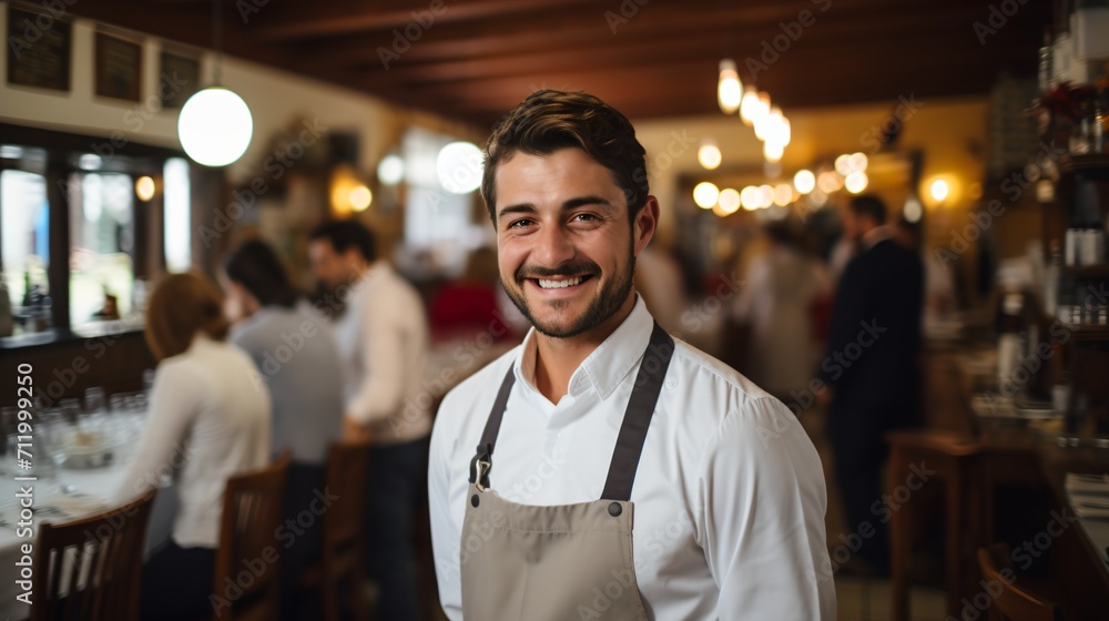 Fototapeta premium Portrait of a happy young male waiter in a restaurant