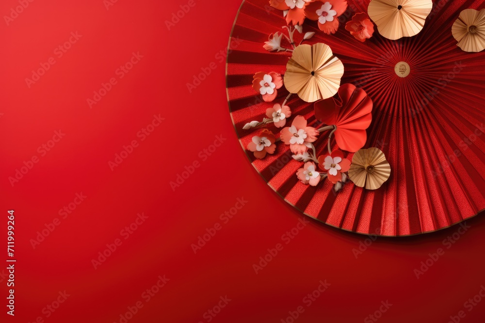 Overhead view Chinese New Year theme decorative red background with copy space.