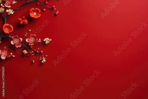 Overhead view Chinese New Year theme decorative red background with copy space. © Twomeows_AS