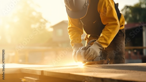 Young carpenter works with wooden boards on workbench in furniture making workshop photo