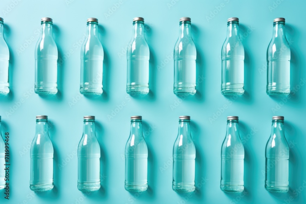 Glass bottles on blue coloured background pattern. Glass bottles on blue coloured background pattern.