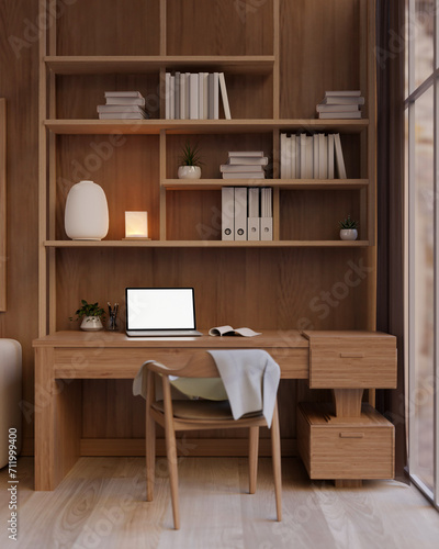 A modern  luxury private office or home office with a laptop computer mockup on a wooden desk