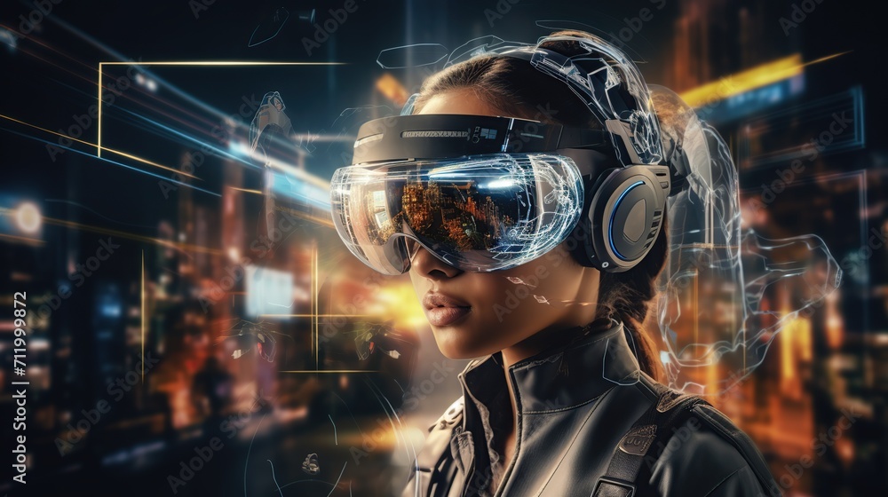 Concept of future technology or entertainment system, virtual reality. Female portrait lit by HUD interface. technology concept. Concept of future technology or entertainment system, virtual reality. Female portrait lit by HUD interface. technology concept.