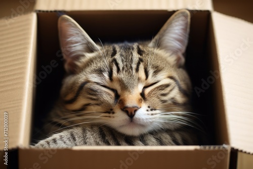 Sleeping tabby cat in a box close up.