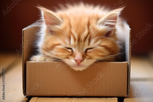 Sleeping orange tabby cat in box close up.