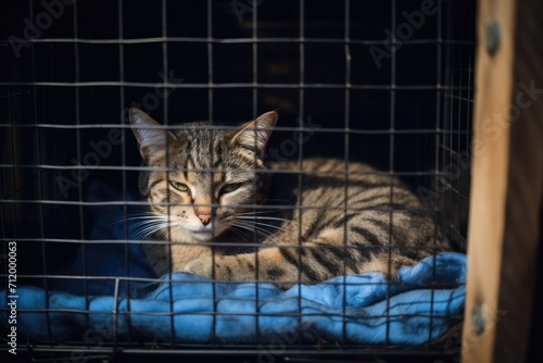 One tabby cat in a cage.