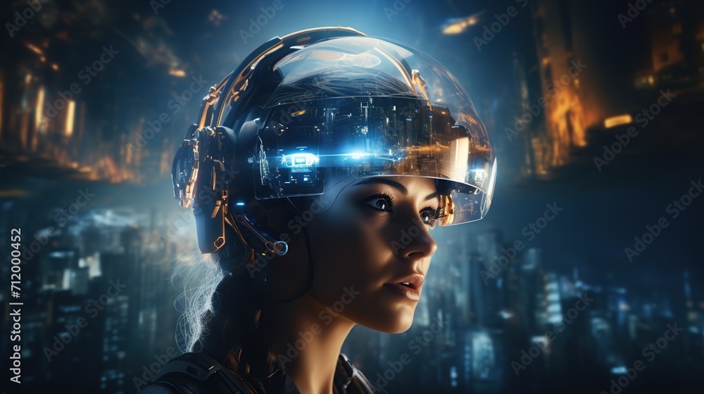 Concept of future technology or entertainment system, virtual reality. Female portrait lit by HUD interface. technology concept. Concept of future technology or entertainment system, virtual reality. Female portrait lit by HUD interface. technology concept.