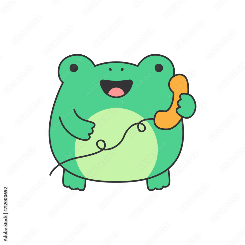 Cute frog talking on the phone. Vector illustration in flat style Cute frog talking on the phone. Vector illustration in flat style