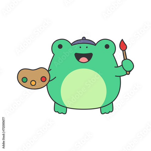 Frog holding a paint brush. Cute cartoon vector illustration.