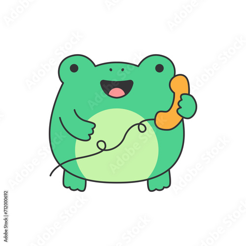 Cute frog talking on the phone. Vector illustration in flat style