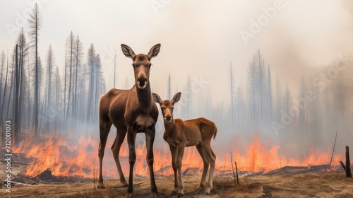 In the midst of tragedy, a moose cow and her calf embody strength and survival against an unforgiving fire photo