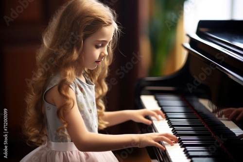 Little Caucasian girl earnestly learns to play scales on piano from music notebook on piano.