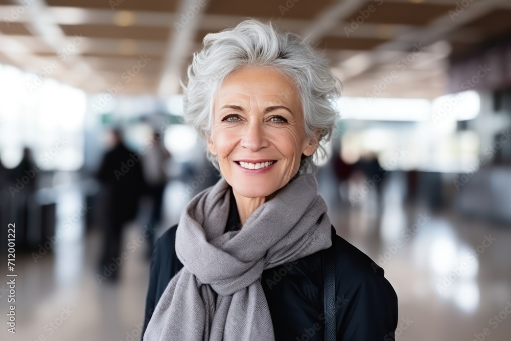 Smiling middle aged woman in front of an airport check-in terminals in the background. Smiling middle aged woman in front of an airport check-in terminals in the background.