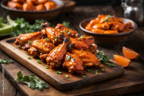 Grilled Buffalo Chicken Wings on a Rustic Wood Plate © Ishara