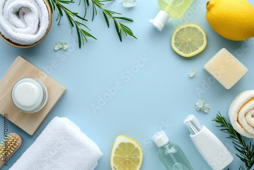 Top view flat lay of bathroom essential clean background.