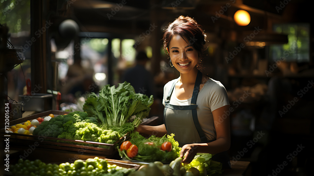 Happy Hispanic woman selling vegetables and vegetables.
Generative AI