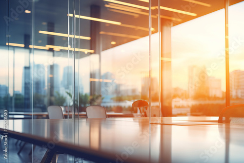 Experience tranquility and productivity in a contemporary office setting with dreamy blurred details panoramic windows and soft light. Ideal for business visuals. AI generative.
