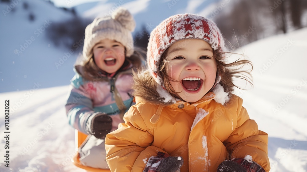 Two joyful children in colorful winter clothes sledding against a snowy landscape under a clear blue sky, conveying the joyful spirit of winter festivities in the season of maslenitsa Two joyful children in colorful winter clothes sledding against a snowy landscape under a clear blue sky, conveying the joyful spirit of winter festivities in the season of maslenitsa