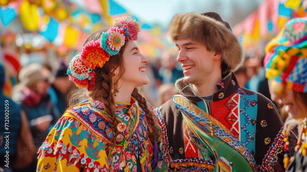 Young man and woman dressed in bright traditional Slavic outfits celebrating Maslenitsa.
