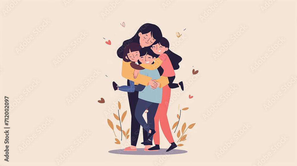 Minimal style of cute cartoon mother hugging her child Minimal style of cute cartoon mother hugging her child