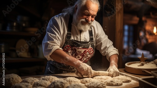 baker shaping traditional Maslenitsa bread. The kitchen is rustic with a wood-burning oven, and the bread is adorned with intricate patterns.