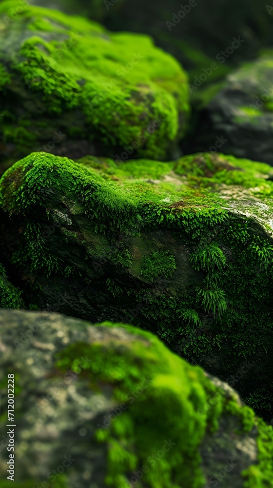 Explore the texture and vibrant green hues of moss covering rocks in a natural setting, background image, generative AI Explore the texture and vibrant green hues of moss covering rocks in a natural setting, background image, generative AI